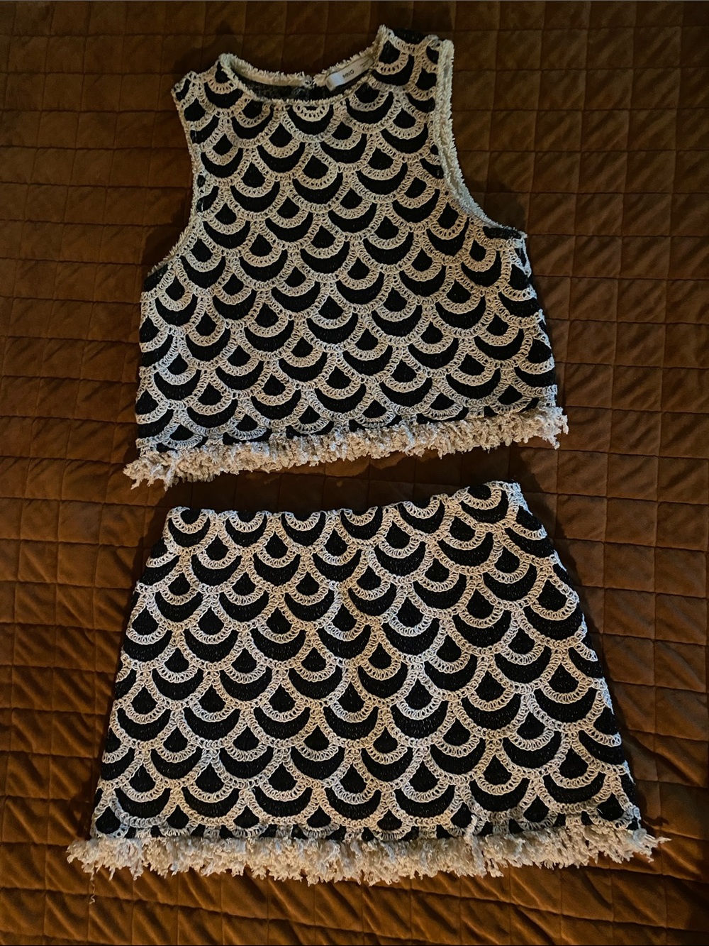 Mango Black & White Crochet Fringe Two-Piece Skirt Set
